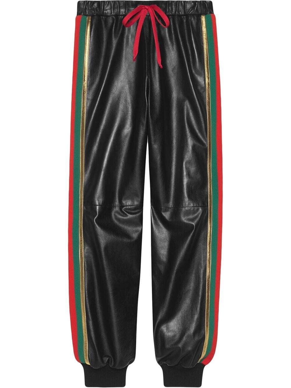New With Tags Gucci Black Leather Web Striped Jogger Pants Size 42IT/M $3500.00
